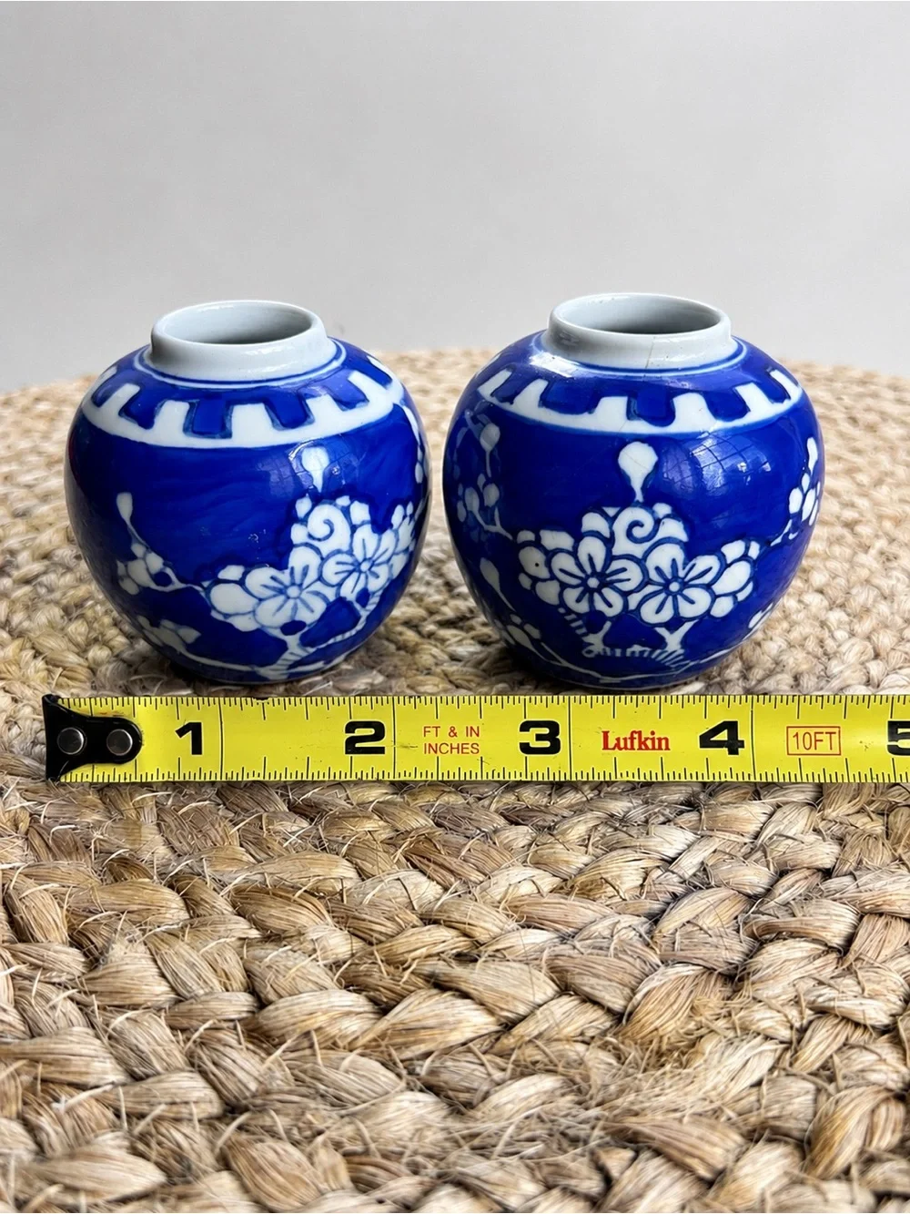 Vintage Chinese Blue White Mini Ginger Jars Pair Floral Porcelain No Lids